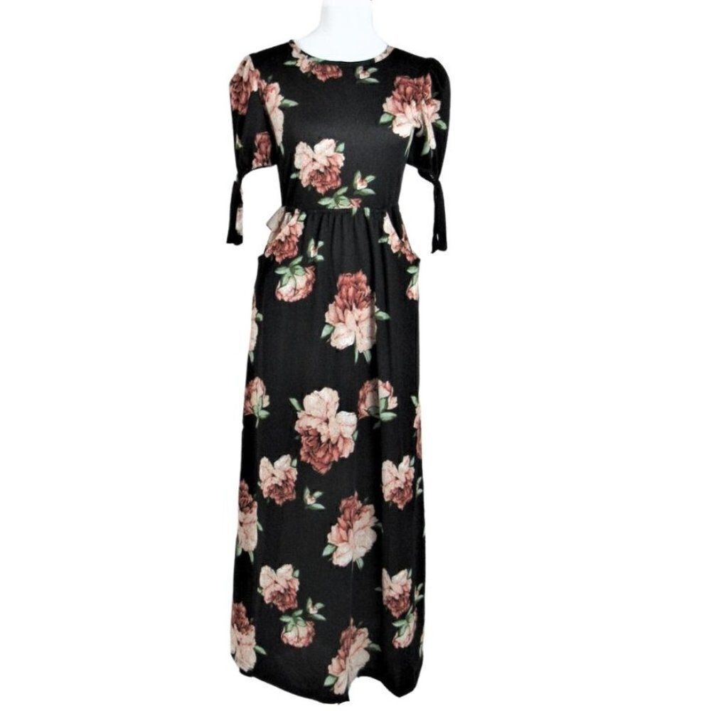Prairie Maxi Dress Puff Sleeve Pullover Pockets Floral Print on Black Sz Small